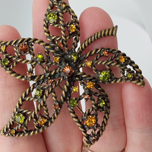 Avon NR Vintage Goldtone Green Yellow Topaz Rhinestone Leaf Brooch Pin Signed - Picture 5 of 8